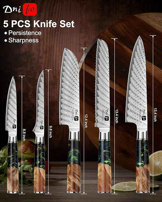 5 Pieces Damascus Knife Set, Japanese Chef Knife Set with Galaxy Pattern Resin Handle, 67-Layers Damascus Steel, Gift Box Included 5" Paring, 6" Boning, 7" Santoku, 8" Chef & 8" Bread Damascus Knives