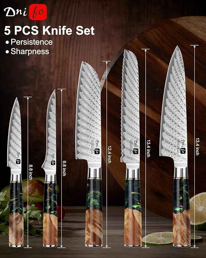 5 Pieces Damascus Knife Set, Japanese Chef Knife Set with Galaxy Pattern Resin Handle, 67-Layers Damascus Steel, Gift Box Included 5" Paring, 6" Boning, 7" Santoku, 8" Chef & 8" Bread Damascus Knives
