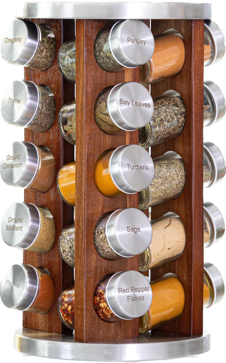 20 Jar Rotating Dark Acacia Wood Spice Rack with Spices Included & 5