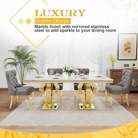 7 Piece Luxury Dining Room Set, Modern Dining Table and Upholstered Chairs Set, Marble Kitchen Table Set for 6, Big Kitchen Dinner Tables Kit with Silver Base