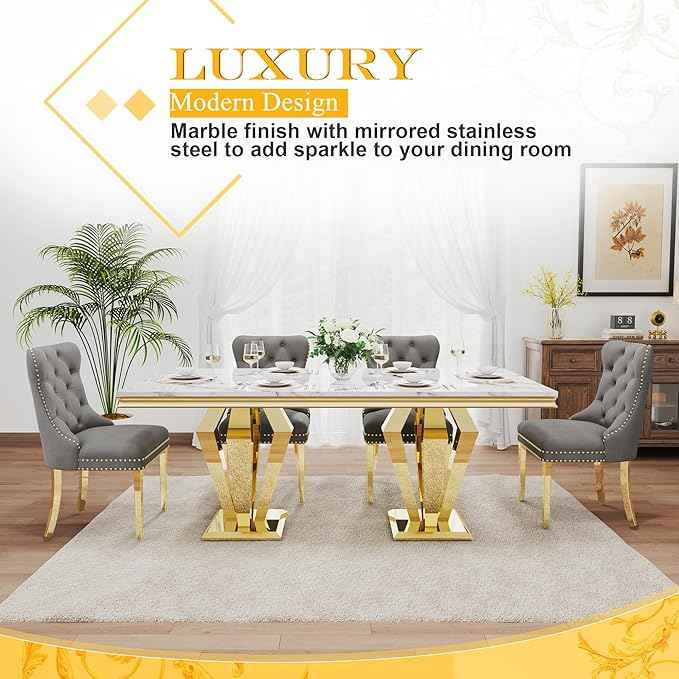 7 Piece Luxury Dining Room Set, Modern Dining Table and Upholstered Chairs Set, Marble Kitchen Table Set for 6, Big Kitchen Dinner Tables Kit with Silver Base