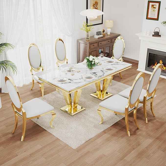 AF ARTISAN FURNITURE 7 Piece Luxury Dining Room Set, Modern Dining Table and Upholstered Chairs Set, Marble Kitchen Table Set for 6, Big Kitchen Dinner Tables Kit with Gold Base