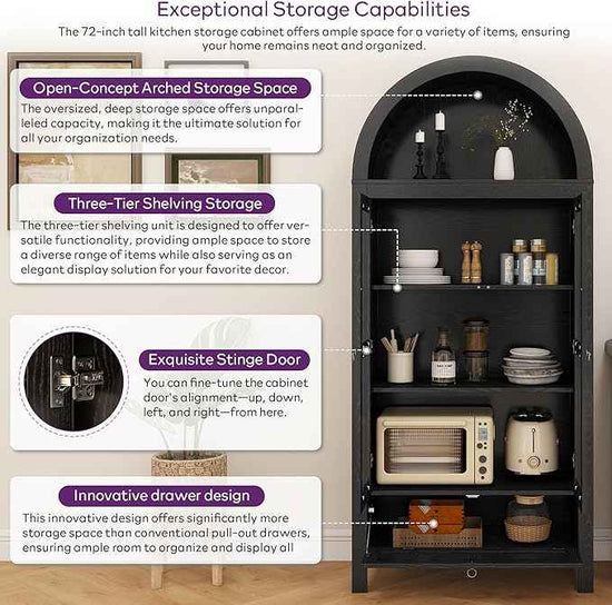 TYBOATLE 71" Tall Arched Pantry Cabinet with Innovative Drawer, Kitchen Cabinet with Anti-Tipping Device and Glass Door, Versatile Cupboard for Kitchen, Dining, Black
