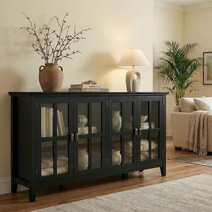 SIMPLIHOME Artisan SOLID WOOD 66 Inch Wide Contemporary Wide 4 Door Storage Cabinet in Black, For the Living Room, Entryway and Family Room