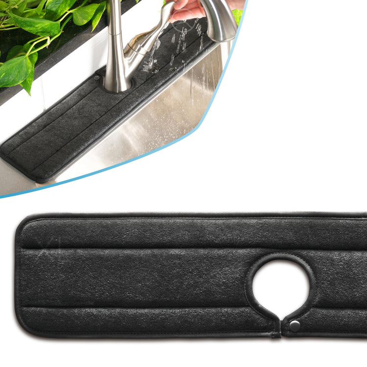 Original SINKMAT 24in XL Faucet Splash Guard Extra Long Microfiber Sink Drip Catcher Mat Non Slip Countertop Protector Drying Pad for Kitchen Bathroom RV Machine Washable Black