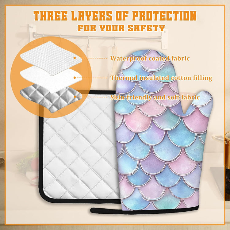 Pink Fish Scales Oven Mitts and Pot Holders Set,Mermaids Kitchen Decor Heat Resistant Non Slip Hot Pads and Oven Mitt for Chef Cooking Baking BBQ Mom Girl Gifts(4 Piece Set)
