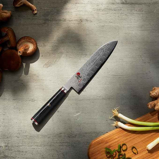 Miyabi Kaizen 5 1/2-Inch Granton Santoku Hollow Edge Knife, Black with Red Accent