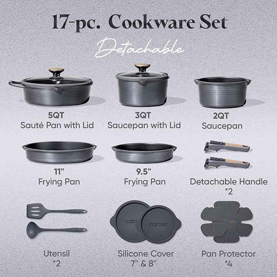 CAROTE 17Pcs Titanium Pots and Pans Set, Cookware Set Nonstick, Kitchen Cooking Set with Detachable Handle, RV/Camping Cookware, Dishwasher/Oven Safe, Grey