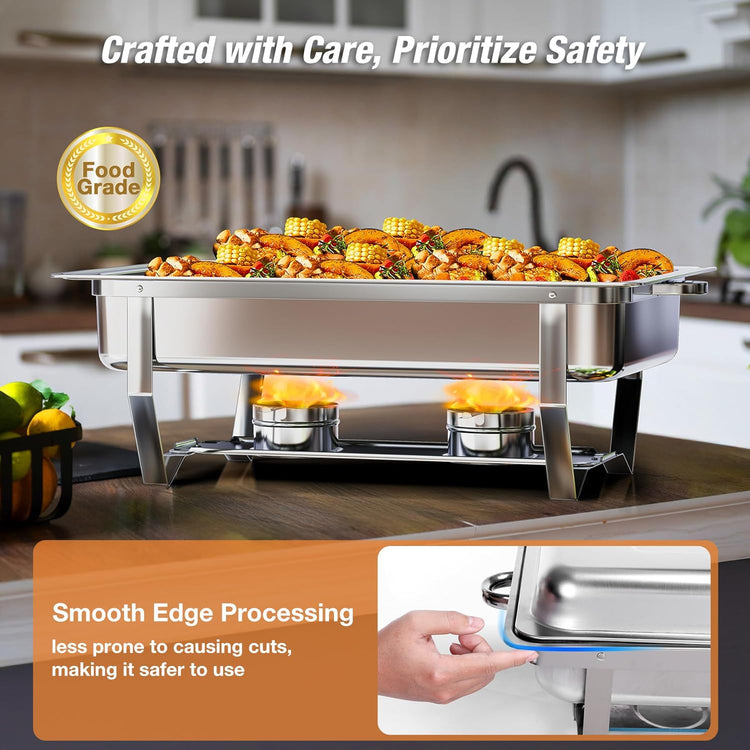 Chafing Dishes for Buffet (9QT, 6 Pack) - Easy Assembly, Food-Grade Stainless Steel Chafers for Catering w/Rolled Edge Design, Foldable Frame, for Party, Banquet (Full Size Food Pan)