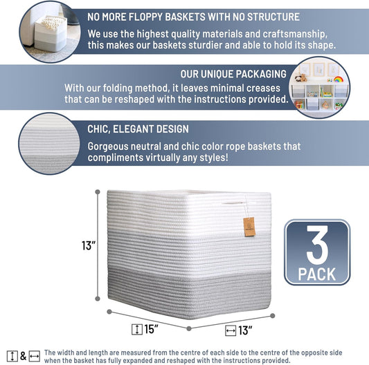 NaturalCozy 13x15x13 Kallax Storage Cubes Bins, 3 Pack | Cotton Rope Cube Storage Bin Woven Baskets for Organizing | Kallax Insert Storage Baskets for Shelves Organizer, Kids Toy, Closet Baby Nursery
