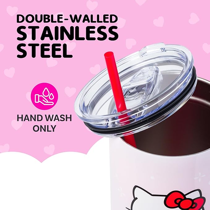 Silver Buffalo Sanrio Hello Kitty Christmas Holiday Dress and Matching Bow Snowflakes Double Walled Stainless Steel Tumbler with Handle and Straw, Fits in Standard Cup Holder, 40 Ounces