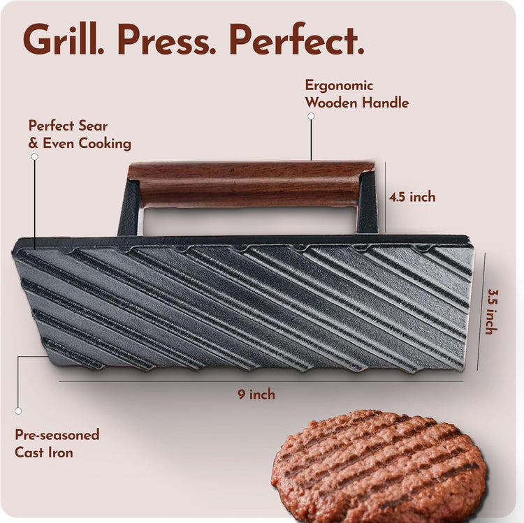 Bellemain Bacon Press Rectangle | Heavy-Duty Cast Iron Grill Press for Perfectly Seared Bacon, Steak & Sandwiches | Equalized Weight Distribution - Nestoria