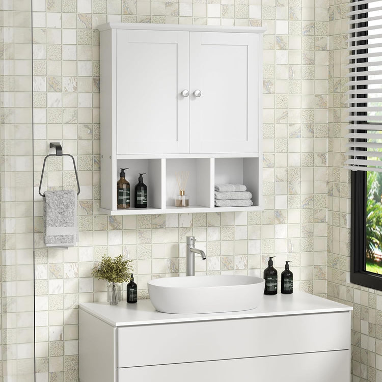 Shintenchi Bathroom Wall Cabinet with Door, Storage Organizer Over The Toilet Medicine, Space Saving with Adjustable & Open Shelf, Solid White