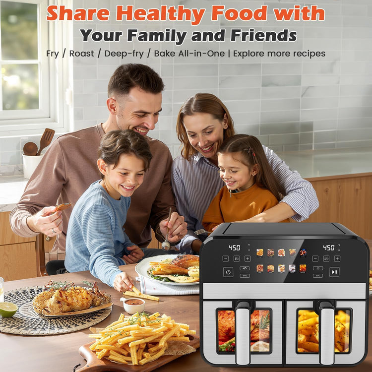 10QT Dual Basket Air Fryer, 12-in-1 Digital Air Fryer Oven with Visible Windows, 5QT x 2 Drawers, One-Touch LED Panel, Sync Finish, Dehydrate, Defrost, Roast, Bake, Reheat, Nonstick & Dishwasher Safe
