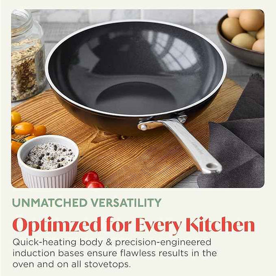 Orfeo 11” Nonstick Wok Pan, Made in Italy, Diamond Ceramic PFAS-Free Cookware, Induction Ready, Scratch Resistant, Laser-Fused Surface for Durability, Dishwasher Safe, Black