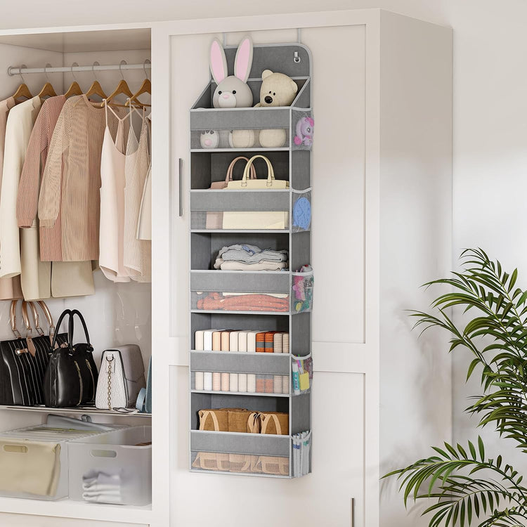 LAMU 1 Pack Over The Door Organizer Hanging with 5 Large Pockets and 10 Mesh Pockets, 44lb Over The Door Storage for Closet, Nursery and Bathroom, Behind The Door Storage with Clothes and Toys, Gray