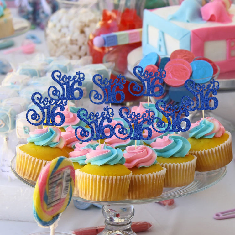24 Pack 16th Birthday Cupcake Toppers Glitter Sixteen Happy Sweet 16 Cupcake Picks Cheers to 16 Years Old Cupcake Decorations for 16th Birthday Anniversary Party Cake Decorations Supplies Blue (24 Count)