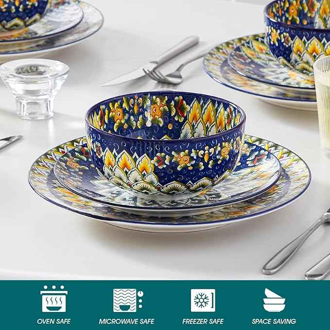 vancasso 12 Pieces Dinnerware Sets, Blue Plates and Bowls Set, Porcelain Dishes Set for 4, Microwave and Dishwasher Safe, Scratch Resistant, Bohemian Style Dining Ware Service for 4, Series SIMI