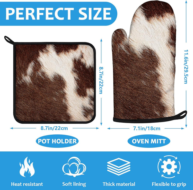 Brown Cow Print Oven Mitts and Pot Holders Sets Heat Resistant 4Pcs Potholders Oven Gloves Hot Pads for Kitchen Baking Cooking Grilling BBQ