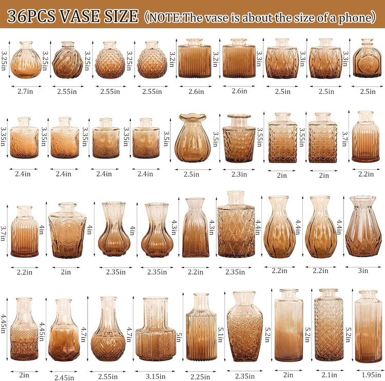 36Pcs Bud Vases Set Small Vintage Glass Bottles Bud Vases in Bulk Multiple Shape Cute Glass Vases for Rustic Wedding Centerpieces Table Decorations and Home Decor(Amber)