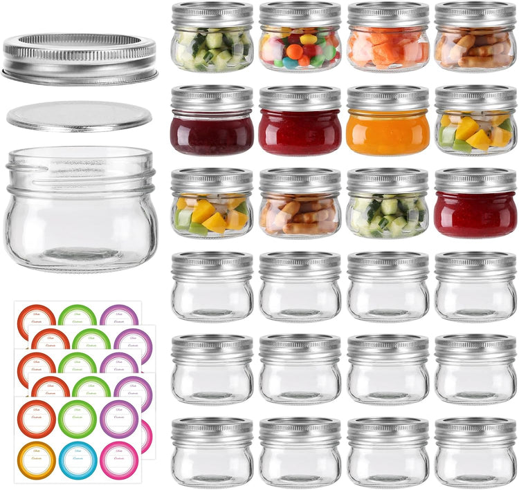 4 oz Mason Jars With Silver Lids and Bands, 24 Pack Regular Mouth Canning Jars for Jam, Honey, Yogurt, Candy, Spices, Snacks, DIY Projects, Wedding Favors- Includes 30 Stickers