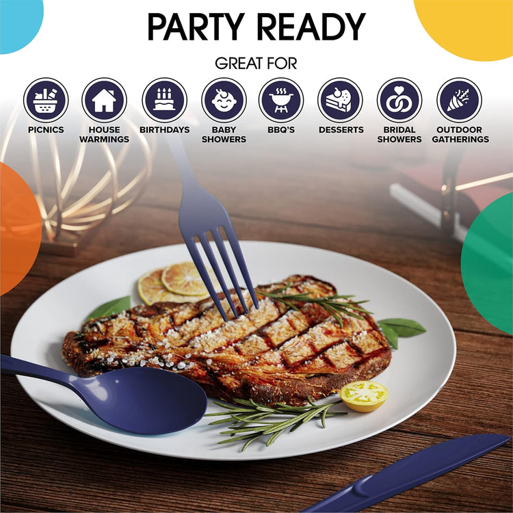Heavy Duty Plastic Cutlery - 200 Pcs, Disposable Navy Plastic Spoons, Flatware, Silverware