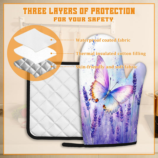 Purple Butterfly Oven Mitts and Pot Holders Set (4 Count)