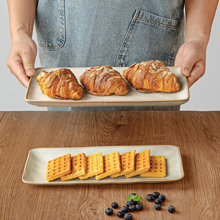 famiware Serving Platter, Rectangular 15.67/14.1/12.6 inch Serving Dishes for Entertaining, Microwave Dishwasher Safe, Stonware Serving Trays for Party, Turkey, Cheese, Ocean Series, Cappuccino White