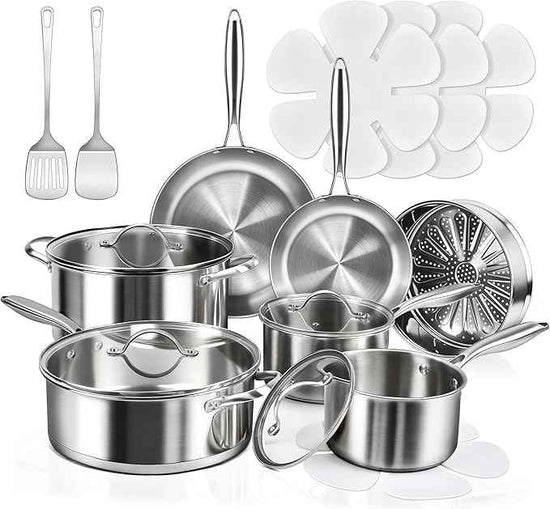 16-Piece Pots and Pans Set, Tri-Ply Stainless Steel Cookware Set with Lids, Non-toxic Kitchen Cooking Set, Dishwasher-Friendly, Induction-Ready, Even Heating, Heavy Duty, Compatible with All Cooktops