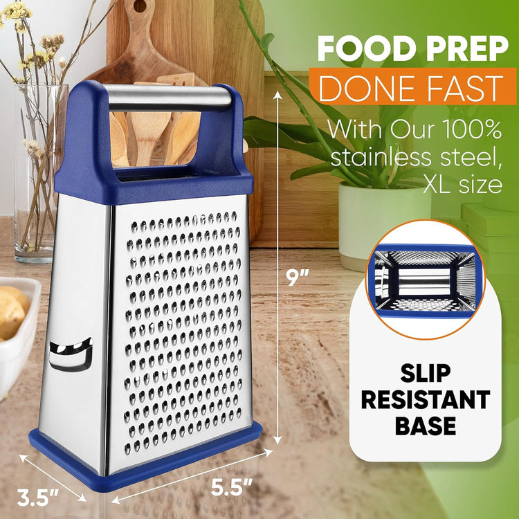 Spring Chef Stainless Steel XL Parmesan Cheese Grater with Handle - 4 Sided Metal Box Grater for Kitchen - Dishwasher Safe Potato Shredder for Hash Browns, Potato, Carrot, Vegetables - Sapphire