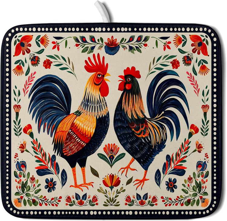 Roosters Chicken Dish Drying Mat for Kitchen Counter Absorbent Microfiber Drying Pad 16 x18 In