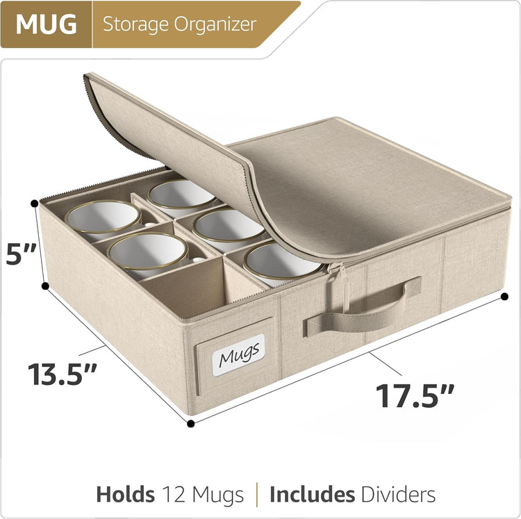 Sorbus Coffee Mug and Glass Organiser - Storage Mug Boxes for Shipping - Coffee Mug Organizer Mug Display Storage Case - Protective Hard Shell with Label Windows, Handles, & Dividers (Fits 12 Mugs)