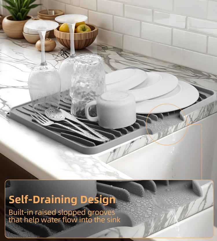 Silicone Dish Drying Mat with Raised Drain Lip