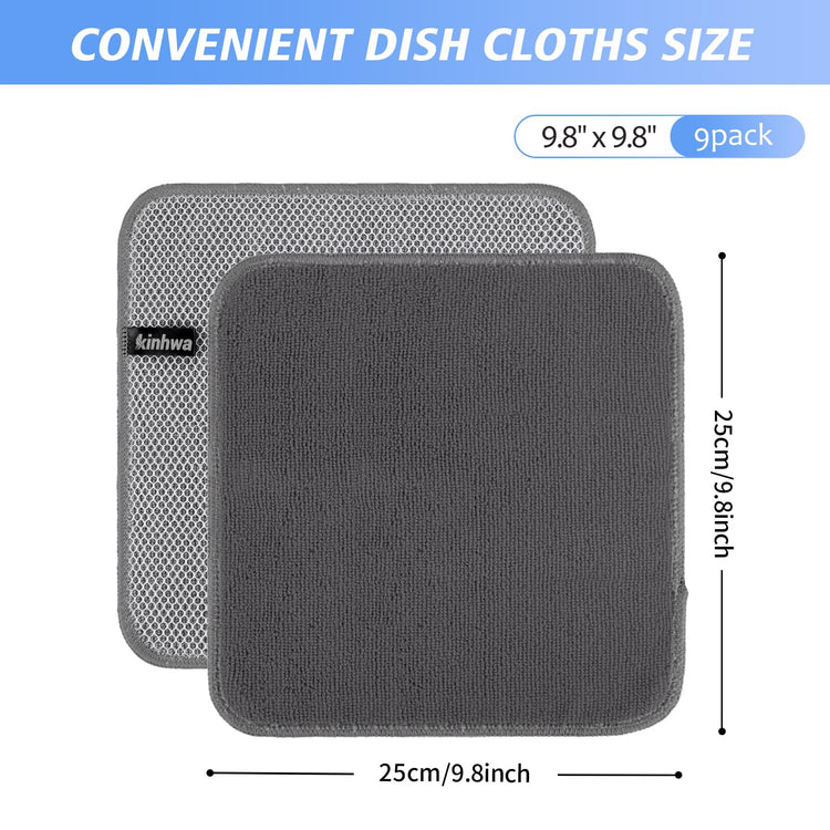 Kitchen Dish Washcloths Microfiber Gray with Poly Scour Scrub Side (9 Count)