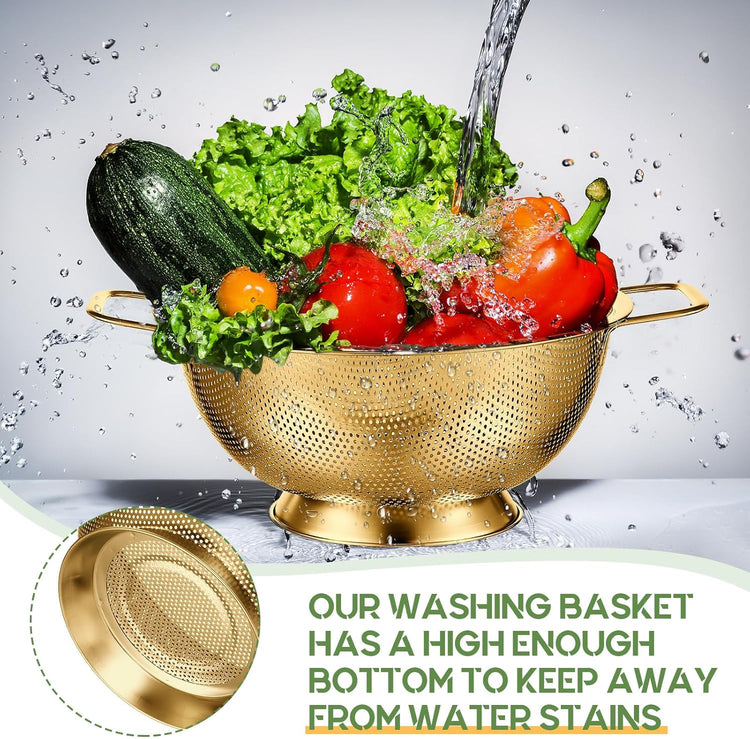 Bokon 3 Pcs Stainless Steel Colander Set Colander Bowl and Sieves 1/3/5 Quart Metal Mesh Strainer Net Basket with Handles Food Spaghetti Strainer for Kitchen Draining Pasta Rinsing(Gold)