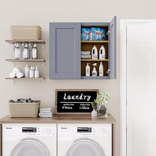33 Inch Laundry Room Cabinets Wall Mounted, Solid Wood Over The Toilet Storage Cabinet, Bathroom Organizer Cabinets with 2 Door & Shelves, Easy to Assemble for Kitchen, Garage - Dark Gray
