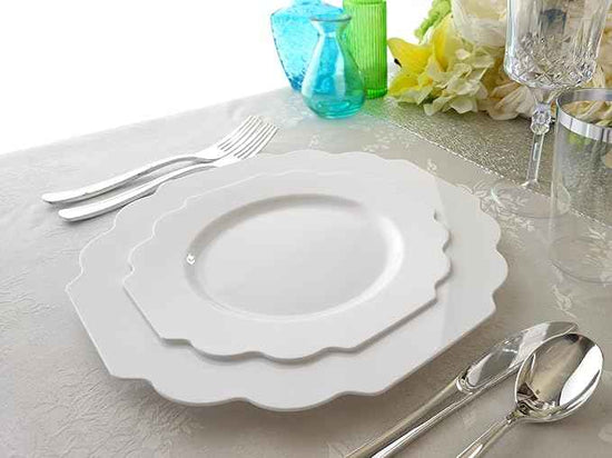 " OCCASIONS " 200 Piece set (25 Guests)-Wedding Plastic Plates & cutlery -Disposable heavyweight Dinnerware 10.5'', 8'' + Silverware + 10oz Cups + Napkins (Imperial in White)