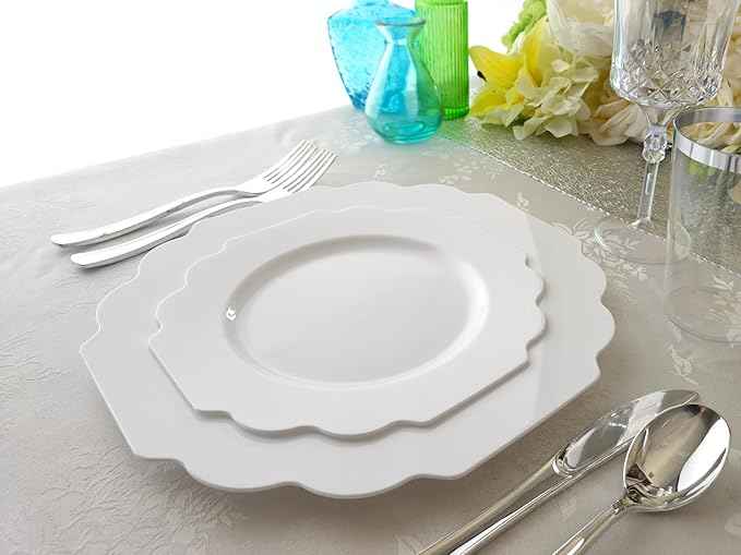" OCCASIONS " 640 Piece set (80 Guests)-Heavyweight Wedding Party Disposable Plastic Plate Set - 80 x 10.5'' + 80 x 8'' + Silverware + 12oz Cups + Napkins (Imperial in White)