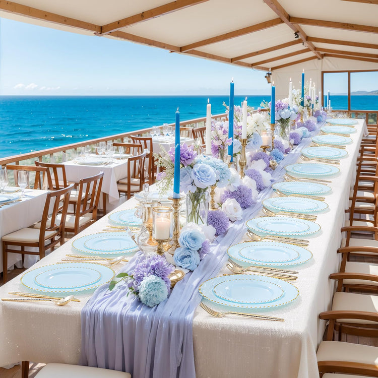 100pcs Light Blue Plastic Plates with Gold Beads for Wedding Party (100 Count)