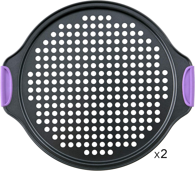 Amazing Abby - Chef Stacy - 2-Pack 13-Inch Non-Stick Pizza Pan with Holes, Perforated Pizza Crisper with Heat-Resistant Silicone Handle Grips, Oven-Safe Bakeware, Carbon Steel Baking Pan for Oven