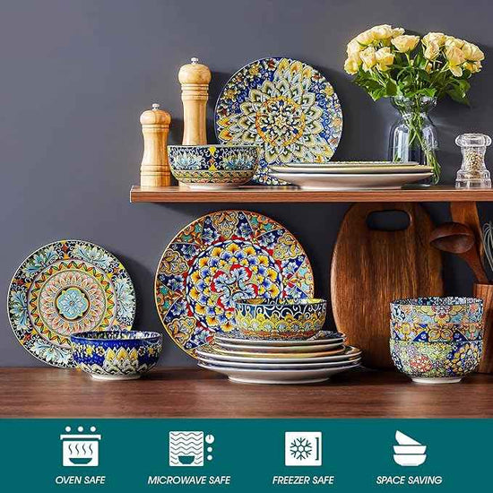vancasso 18 Pieces Dinnerware Sets, Plates and Bowls Set, Porcelain Dishes Set for 6, Microwave and Dishwasher Safe, Scratch Resistant, Bohemian Style Dining Ware Service for 6, Series SIMI
