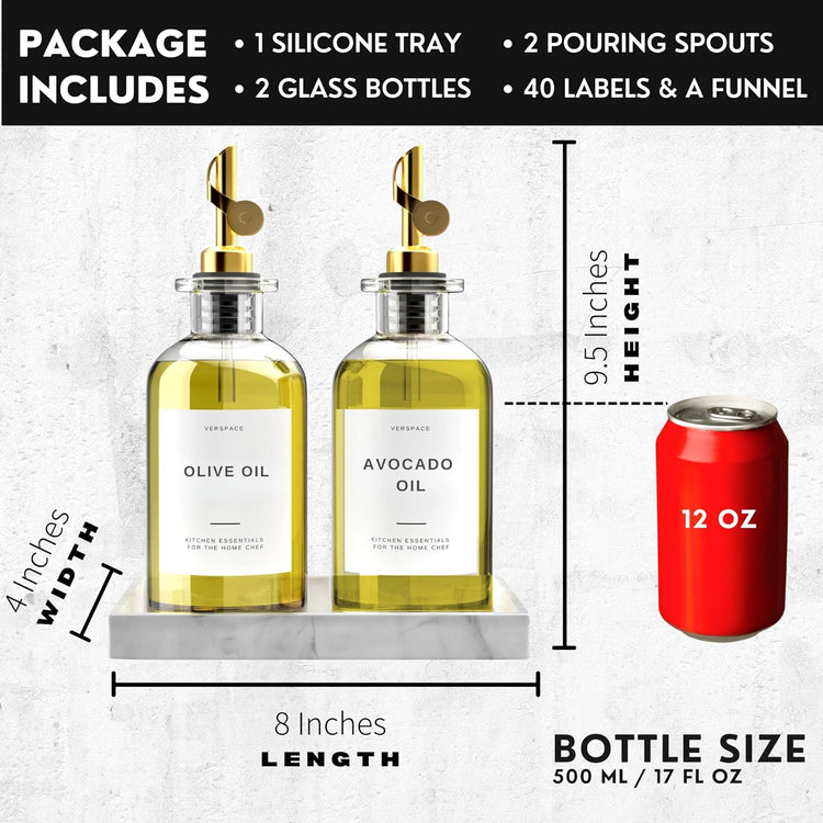 Olive Oil Dispenser For Kitchen With Silicone Tray & 40 Labels, Soy Sauce Dispenser, Coffee Syrup Dispenser, Olive Oil Bottles Set Of 2, Gold 500ml / 17oz