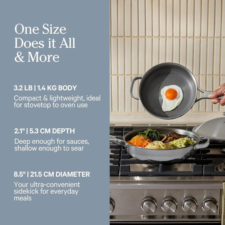 Our Place Titanium Mini Always Pan Pro - 8.5” (1.48 Qt) No-Coating Nonstick Skillet | Tri-Ply Titanium & Stainless Steel | Safe for Oven, Induction & Cooktops up to 1000°F | Includes Spatula | Chrome