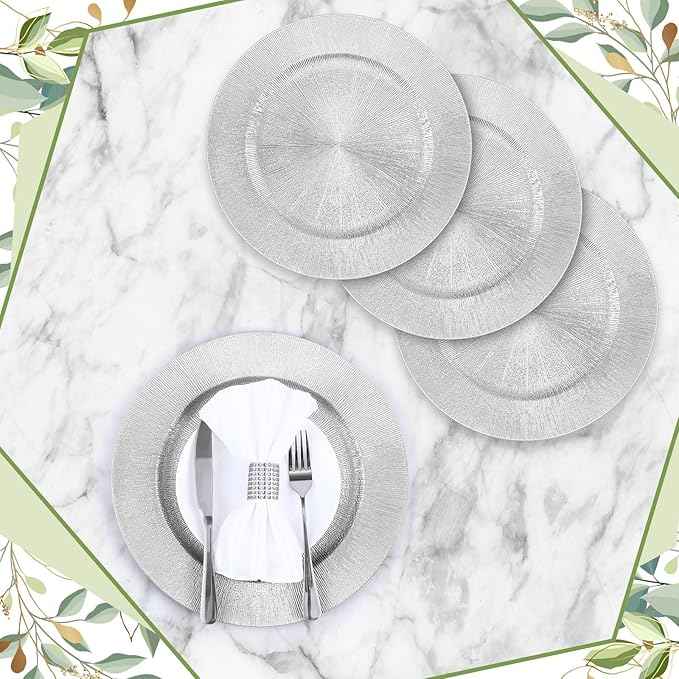 Tanlade 100 Pcs Silver Charger Plates Bulk, 13" Round Plastic Dinner Charger Plate, Shiny Silver Table Chargers Serving Plate Catering Tabletop for Thanksgiving Halloween Christmas Wedding Party Decor