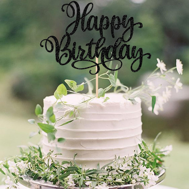 1 PCS Happy Birthday Cake Topper Glitter Happy Birthday Cake Pick Bunting Decor for Anniversary Celebrating Happy Birthday Party Cake Decorations Supplies Black