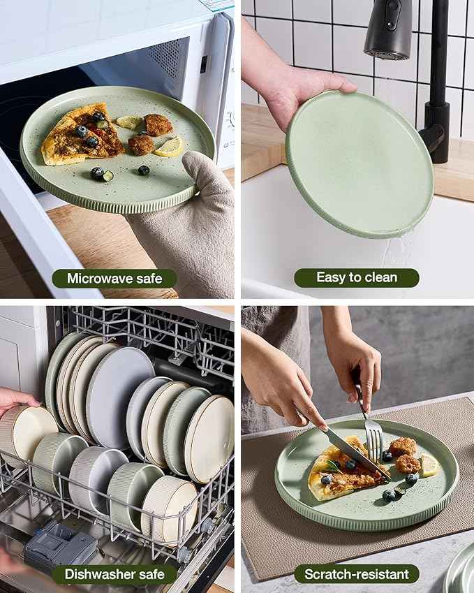Famiware Star Dinnerware Set, Plates and Bowls Sets for 8 (24pcs), Ribbed Stoneware Dishes - Chip & Scratch Resistant, Microwave & Dishwasher Safe, Matte Sage Green