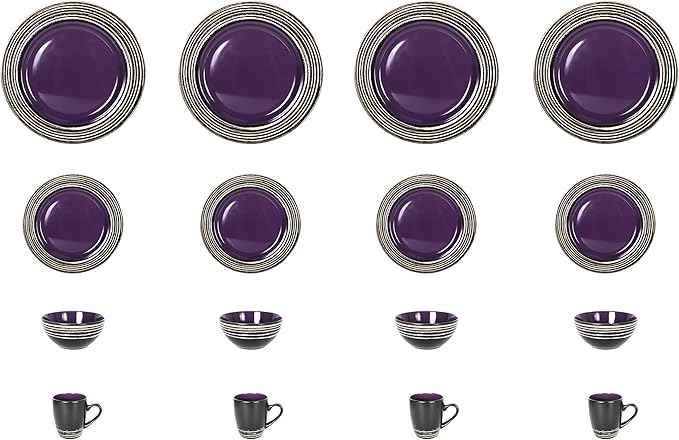 16 Piece Dinnerware Set, Ceramic Plates and Bowls Sets for 4, Microwave and Dishwasher Safe, Handcrafted Tree Bark Series Dish Set, Lavender/Purple