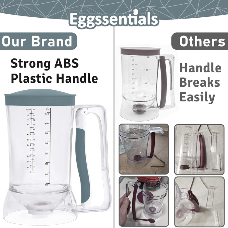 Eggssentials Pancake Dispenser – Easy Control Cake Mix Dispenser for Baking – Drip-Free Muffin & Cupcake Batter Dispenser with Handle – Great for Griddle Pancakes - Grey Color