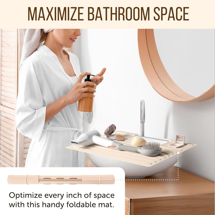Maplefield Bathroom Sink Mat Cover - Small Beige Silicone - Heat Resistant up to 400°F - Foldable Oval Sink Cover & Makeup Mat with Raised Ridges