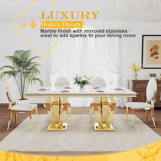 AF ARTISAN FURNITURE 7 Piece Luxury Dining Room Set, Modern Dining Table and Upholstered Chairs Set, Marble Kitchen Table Set for 6, Big Kitchen Dinner Tables Kit with Gold Base